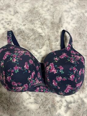 Cacique Lightly Lined Full Coverage Navy Bra with Pink Floral Print-38